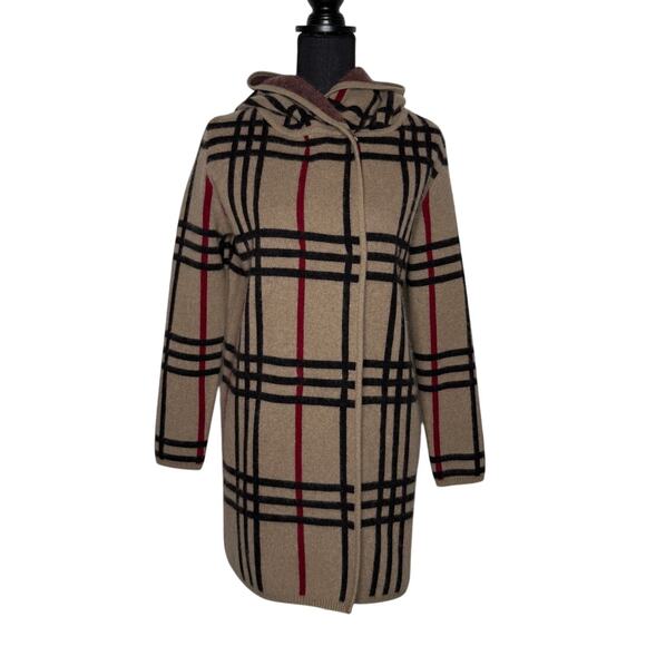 Camii Mia Sweaters - Cashmere Classic Check Plaid Hooded Coatigan Sweater Coat Size M